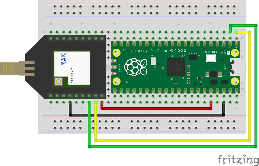 Anschluss des RAK3272S an den Raspberry Pico über UART. Schaltplan: Benjamin Blessing