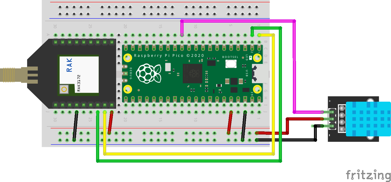 Anschluss eines DHT11-Sensors an den Raspberry Pico, um Daten über das RAK-Modul zu versenden. Schaltplan: Benjamin Blessing