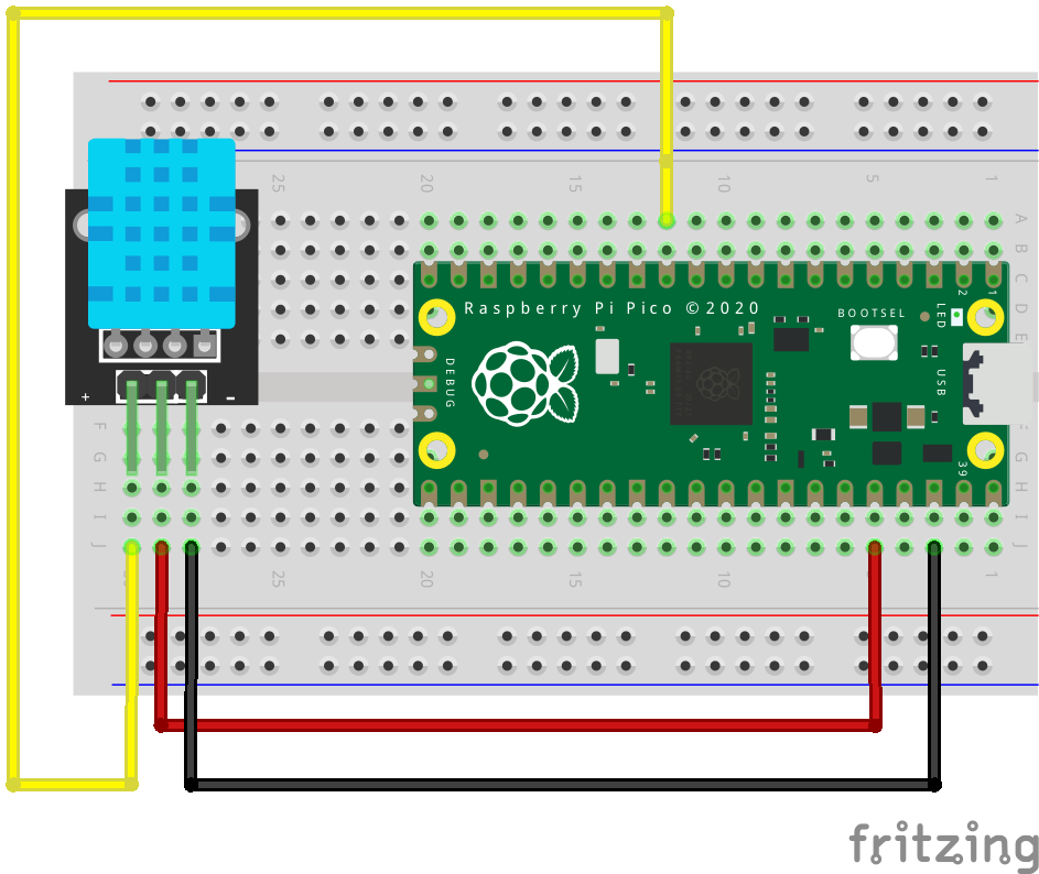 Der Sensor DHT11 mit dem Raspberry Pico verbunden. Darstellung mit fritzing: Benjamin Blessing