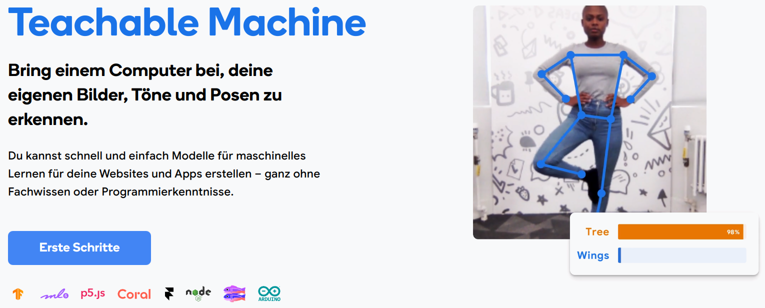 Screenshot der Startseite von Googles Teachable Machine