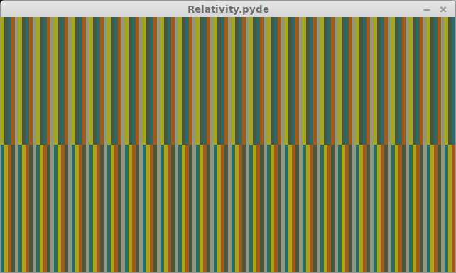 Durch die unterschiedliche Abfolge der Farben in den Zeilen entsteht eine Wahrnehmungsverschiebung, obwohl die beteiligten Farben oben und unten gleich sind.