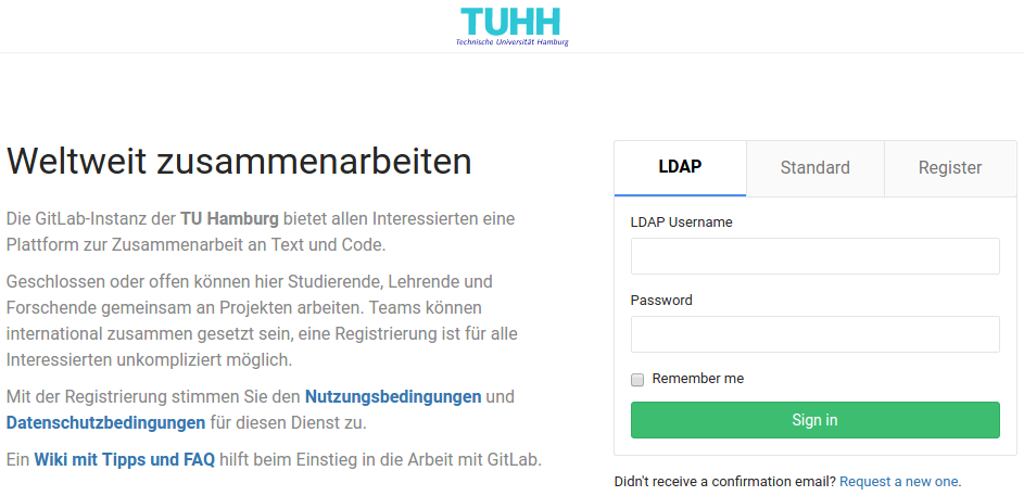 Mit einem TUHH-Account können Sie sich per LDAP bei GitLab anmelden.
