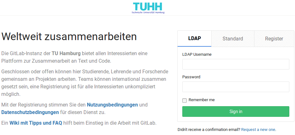 Screenshot des Anmeldedialogs von GitLab an der TUHH