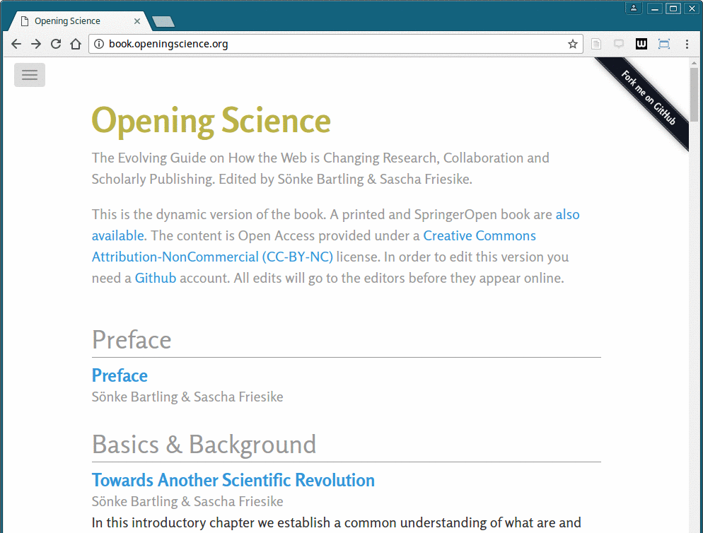 Screenshot des Buches “Opening Science”. In der rechten oberen Ecke wird zur Mitarbeit aufgefordert.