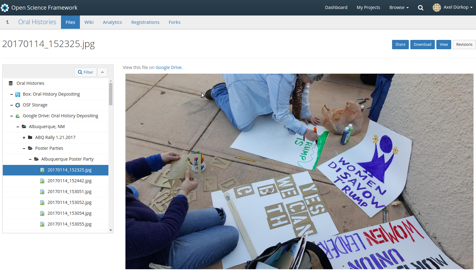 Screenshot eines aktuellen Projekts im OSF, “Women’s March on Washington Archives Project”